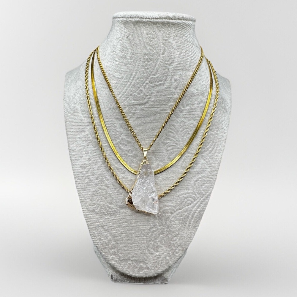 14k Gold Plated Layered Necklaces with Quartz Pendant